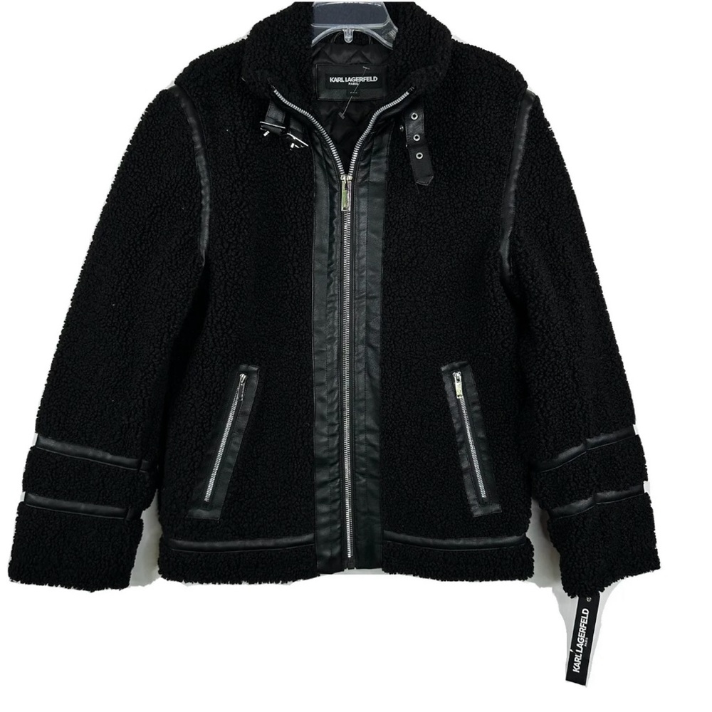 Karl Lagerfeld Paris Men Black Faux Shearling Aviator Jacket